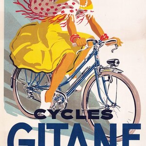 May include: Vintage poster featuring a woman riding a blue bicycle. She wears a yellow dress and a scarf with red floral patterns. The poster has the text "CYCLES GITANE" in large blue letters, with a yellow horizontal bar below.