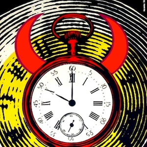 May include: A vintage movie poster with the title "los celos y la medicina" in white text. A red pocket watch with devil horns is centered on a yellow and black spiral background. The poster includes the names of the director and actors.
