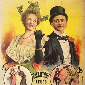 May include: Vintage poster advertising "LES JOUBERT'S" in red text at the top. The poster features a man in a top hat and a woman with a green hat, both smiling. Circular illustrations show performers. Text includes "CHANTANT LEURS ŒUVRES" and "AFFICH-FARIA, PARIS."