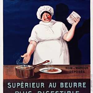 May include: Vintage advertisement for "KREMA" featuring a smiling chef in a white uniform holding a jar. The poster has text in yellow and white against a dark blue background. A pot and plate of food are on a wooden surface.