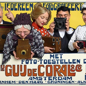 May include: Vintage advertisement featuring several people holding antique cameras. The poster has text in Dutch, including "M. Guij de Coral & Co." and location names. The background is yellow.