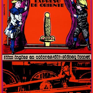 May include: Vintage movie poster in orange, red, and black, featuring stylized illustrations of two figures, a sword, and train wheels. Text in Spanish reads "CRIMEN EN EL EXPRESO DE ORIENTE" and "Film ingles en colores/dir: Sidney Lumet."