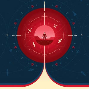 May include: A NASA poster with a deep space atomic clock theme. The design features a red circular element with a figure, satellites, and a clock face. The text "DEEP SPACE ATOMIC CLOCK" is at the bottom, with the NASA logo at the top.