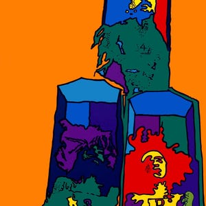 May include: A vintage movie poster for "Pedro Paramo" in vibrant colors. The title is in large, bold letters at the top. The poster features stylized figures in green, blue, purple, and yellow against an orange background. Text includes the film's credits.