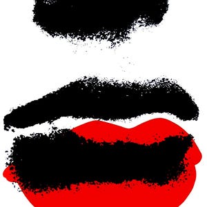Könnte beinhalten: Ein minimalistisches Filmplakat mit weißem Hintergrund. Das Design zeigt schwarze Pinselstriche und eine rote Lippenform. Der Titel "BESOS ROBADOS" ist blau, mit zusätzlichem Text darunter.