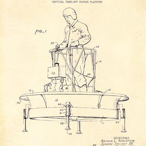May include: Patent illustration of a vertical take-off flying platform, dated September 20, 1960. The diagram shows a person standing on a circular platform with various mechanical components and support legs. The patent number is 2,953,321.