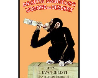 Decoration Poster.Monkey drinking wine.Art Nouveau.Room home interior wall design.Quality reproduction decor print