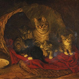 0862.Decoration Poster for Room.Home interior.Vintage wall design.Quality reproduction art print.F Paton Painting Cat and Kittens Basket