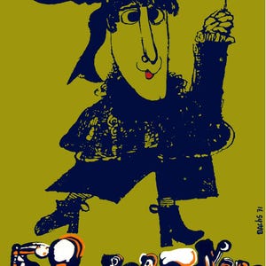 Może przedstawiać: Plakat filmowy w stylu vintage w kolorach oliwkowym, granatowym i pomarańczowym. Ilustracja przedstawia stylizowaną postać trzymającą czerwoną lizak. Tekst na dole zawiera tytuł i napisy filmu. Plakat ma styl retro i kreskówkowy.