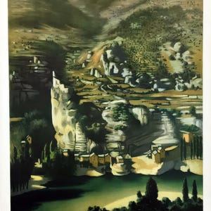 Puede incluir: Cartel de viaje vintage con las Gorges du Tarn en Francia. La obra de arte representa un paisaje montañoso con un río, acantilados y edificios. El cartel tiene un cielo azul y el texto "Gorges du Tarn".