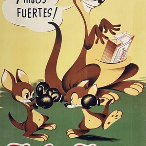 May include: Vintage advertisement featuring a cartoon kangaroo family. The mother kangaroo holds a box of product, while two joey kangaroos wear boxing gloves. Text includes "¡ HIJOS FUERTES !" and "Fósforo Ferrero".