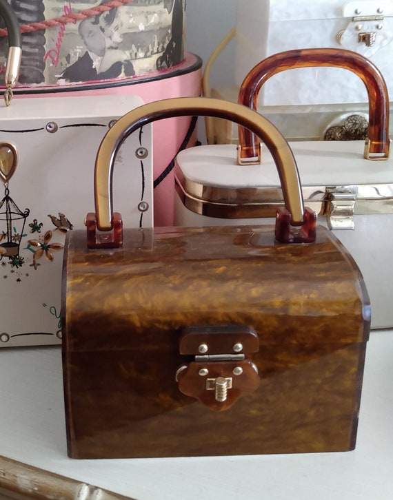 Vintage 50's Tortoise Lucite Box Purse Handbag