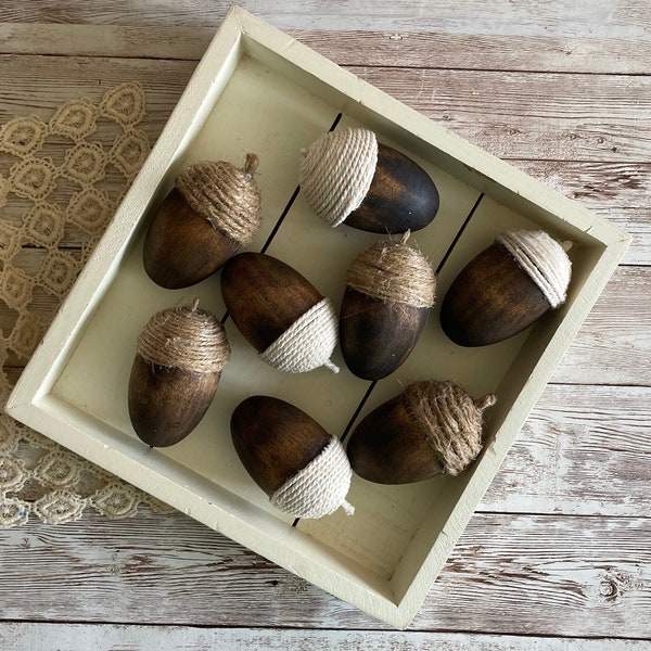 Rustic Wooden Acorn- 3” Handcrafted Walnut Stained Acorn with Twine/Cord. Fall Warm Earth Tone, Neutral Autumn Tray Decor. Modern Farmhouse