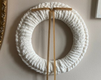 Winter Chunky Knit Wreath: Creamy White, Gold Velvet Ribbon, Farmhouse Decor