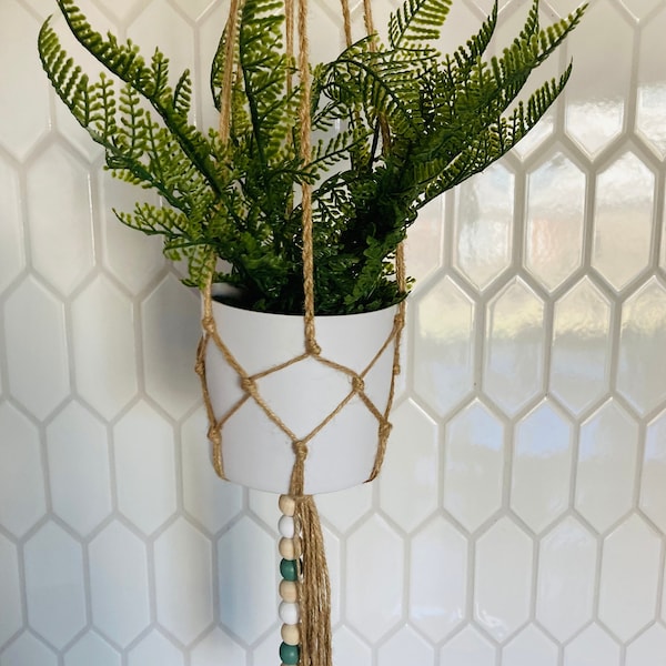 Hanging Fake Plant with Wood Bead Jute Twine Plant Hanger-Indoor 3.5" White Pot Faux Plant 20-40" Hanger for Wall/Ceiling With Wood Beads