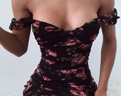 Cryptographic Floral Print Mesh Ruched Off Shoulder Mini Dresses Summer Sexy Sleeveless Backless Party Club Women Dress Bodycon