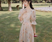 Vintage French Style Women Dresses 2021 New Half Sleeve Square Colar Dress Retro Floral Print Woman Summer Dress Femme Vestidos