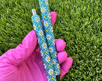 Lichtblauwe met witte bloem strass-pen