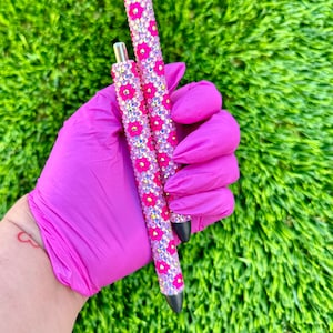Neon pink flowers Glass Rhinestone Pen