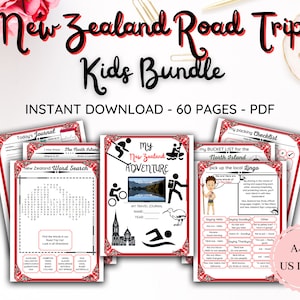Nieuw-Zeeland Road Trip KIDS BUNDEL / Games / Activiteiten / Bucket Lists / Planning Paklijsten / Kaarten / Journal / AFDRUKBARE 60 pagina's A4 Letter