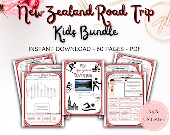 Paquete infantil para un viaje por carretera a Nueva Zelanda / Juegos / Actividades / Listas de deseos / Listas de equipaje / Mapas / Diario / Imprimible (60 páginas, tamaño A4)