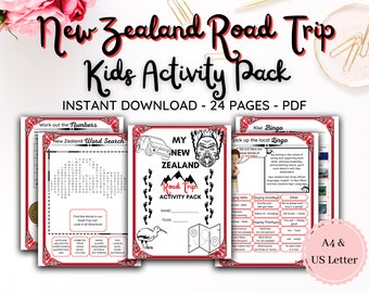 PACOTE DE ATIVIDADES PARA CRIANÇAS Road Trip na Nova Zelândia / Atividades divertidas de férias / Jogos / Palavras cruzadas / Testes / Quebra-cabeças / Para imprimir / 24 páginas – Carta A4