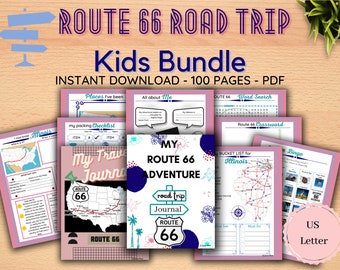 Pacote Infantil Viagem pela Rota 66 / Quizzes / Quebra-cabeças / Jogos / Atividades / Listas de Desejos / Listas de Bagagem / Mapas / Diário / Carta para Imprimir (100 Páginas)