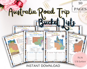 Lista de desejos para uma viagem de carro pela Austrália / Diversão nas férias / Checklists / Mapas / Atrações / Imprimível / 10 páginas em formato A4/Carta - Download digital