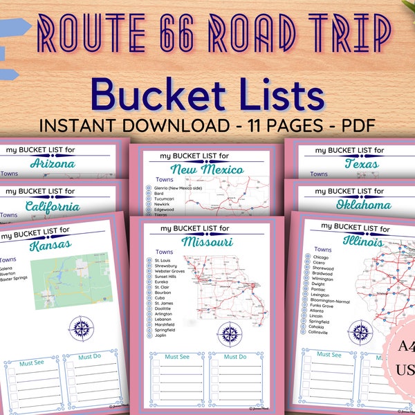 Route 66 Road Trip BUCKET LISTS / Vacation Planner / Holiday Activities / Checklists / Maps / Attractions / Printable 11 Pages A5 A4 Letter