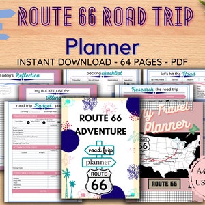 Puede incluir: Un planificador de viaje por carretera de la Ruta 66 imprimible con un esquema de color rosa y azul. El planificador incluye una lista de verificaci&oacute;n de empaque, una p&aacute;gina de presupuesto, una lista de deseos y un mapa de la Ruta 66. El planificador est&aacute; disponible en tama&ntilde;os A4, A5 y US Letter.
