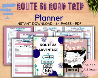 Planejador de Viagem pela Rota 66 / Planejador de Férias / Listas de Bagagem / Orçamento Editável / Listas de Desejos / Imprimível - 64 Páginas / A5, A4 e Carta