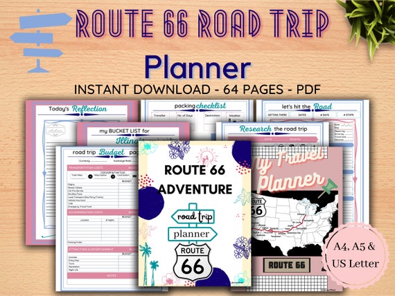 Route 66 ROAD TRIP PLANNER Bundle / Holiday Planner / Packing Lists / Editable Budget / Bucket Lists / Printable 64 Pages / A5 A4 Letter