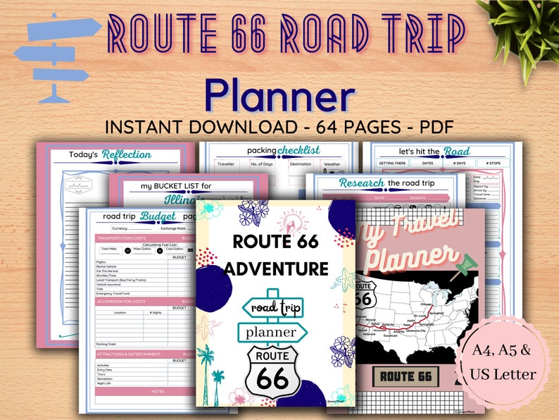 Puede incluir: Un planificador de viaje por carretera de la Ruta 66 imprimible con un esquema de color rosa y azul. El planificador incluye una lista de verificaci&oacute;n de empaque, una p&aacute;gina de presupuesto, una lista de deseos y un mapa de la Ruta 66. El planificador est&aacute; disponible en tama&ntilde;os A4, A5 y US Letter.