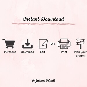 Puede incluir: Gr&aacute;fico de descarga instant&aacute;nea con iconos para comprar, descargar, editar, imprimir y planificar tu sue&ntilde;o. El texto "Descarga instant&aacute;nea" est&aacute; en una fuente cursiva. El texto "@Jurn&eacute;e Planit" est&aacute; en la parte inferior del gr&aacute;fico.