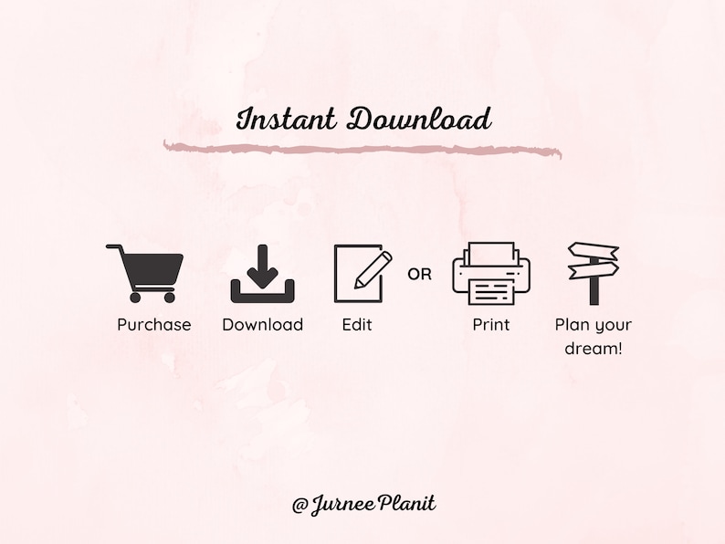 Puede incluir: Gr&aacute;fico de descarga instant&aacute;nea con iconos para comprar, descargar, editar, imprimir y planificar tu sue&ntilde;o. El texto "Descarga instant&aacute;nea" est&aacute; en una fuente cursiva. El texto "@Jurn&eacute;e Planit" est&aacute; en la parte inferior del gr&aacute;fico.