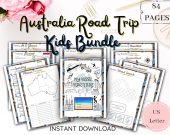 PAQUETE INFANTIL DE VIAJE POR CARRETERA POR AUSTRALIA / Vacaciones / Juegos / Actividades / Listas de deseos / Listas de equipaje / Mapas / Diario / Carta IMPRIMIBLE de 84 páginas