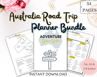 Pacote de Planejamento de Viagem de Carro pela Austrália / Lista de Itens para Levar / Orçamento Editável / Itinerário / Imprimível / 54 Páginas / A5 A4 Carta
