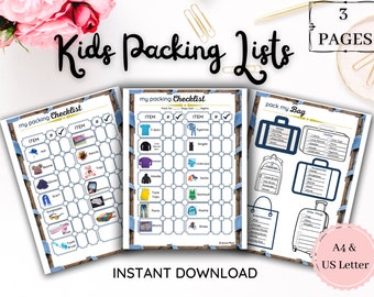 Lista de itens essenciais para viagem infantil / Férias / Viagem de carro / Lista de verificação / Organizador / Imprimível, 3 páginas, A4, Carta / Download digital
