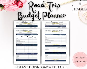 Planejador de Orçamento para Viagem de Carro / Orçamento de Férias em Viagem de Carro / Páginas Editáveis / Controle de Gastos / IMPRIMÍVEL / 4 Páginas A5 A4 Carta Download Digital