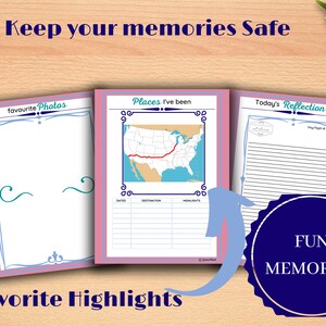 Puede incluir: Un diario imprimible rosa y azul con el texto "Keep your memories safe" y "Favorite Highlights". El diario tiene tres secciones: "Favorite Photos", "Places I've been" y "Today's Reflection".