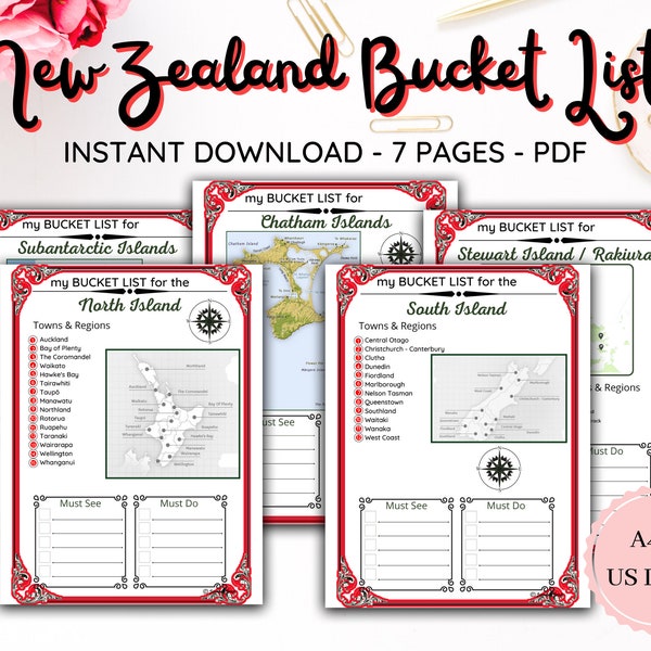 New Zealand Road Trip BUCKET LISTS / Holiday Road Trip / Maps / Attractions / Planner / PRINTABLE / 7 Pages  A4   Letter -  Digital Download