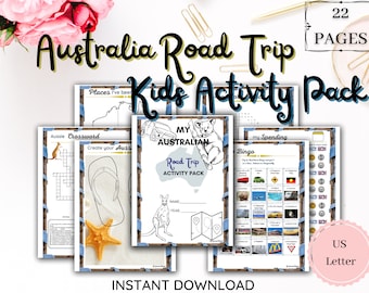 PACOTE DE ATIVIDADES PARA CRIANÇAS da Australian Road Trip / Diversão nas férias / Jogos / Bingo / Quebra-cabeças / Atividades / Presente de viagem / Para imprimir / 22 páginas – Carta