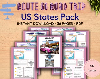 Paquete de actividades de la Ruta 66 / Actividades de viaje por carretera / Juegos educativos / Rompecabezas / Cuestionario / Imprimible (36 páginas, tamaño carta) / Descarga digital