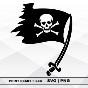 Puede incluir: Silueta en blanco y negro de una bandera pirata con un diseño de calavera y huesos cruzados. La bandera está unida a una espada.