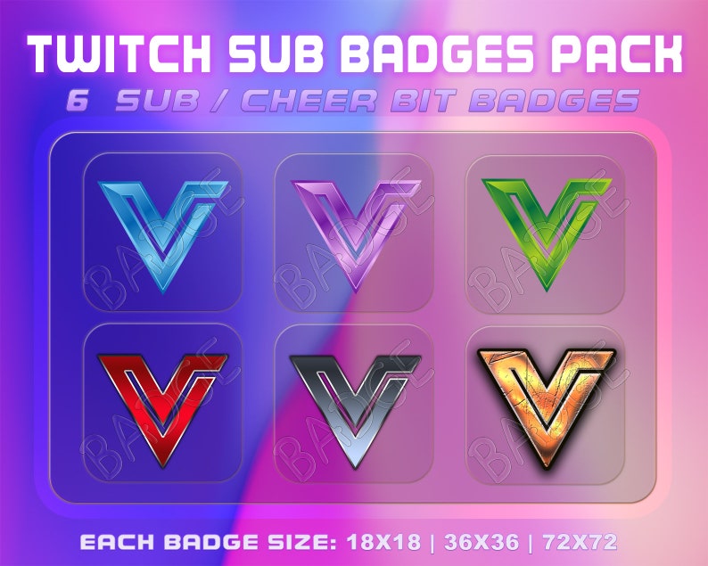 Letter V 6 Sub/Bit Twitch Badges with Instant download. Twitch Letter V Badge Set image 1