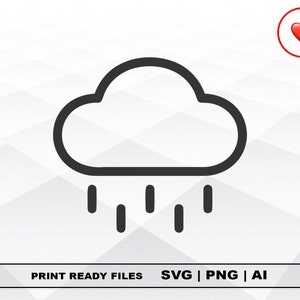 Puede incluir: Ilustración en blanco y negro de una nube con gotas de lluvia. La imagen incluye el texto "PRINT READY FILES SVG | PNG | AI". Un icono de corazón rojo está en la esquina superior derecha.