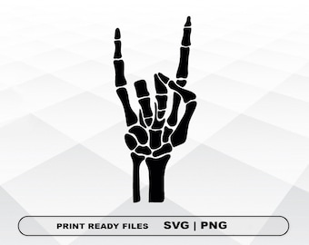 May include: Black silhouette of a skeleton hand making the rock and roll hand gesture. The hand is stylized with visible bones.