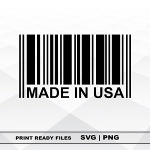 Könnte beinhalten: Schwarzweißes Barcode-Grafik mit dem Text "MADE IN USA" darunter.