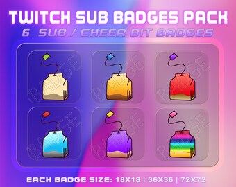 Tea Bag 6 Sub/Bit Twitch Badges with Instant download. Twitch Tea Bag Badge Set