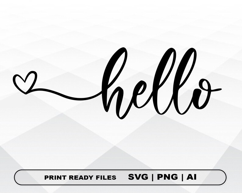 May include: Black and white cursive font design with the word "hello" and a small heart to the left of the word.
